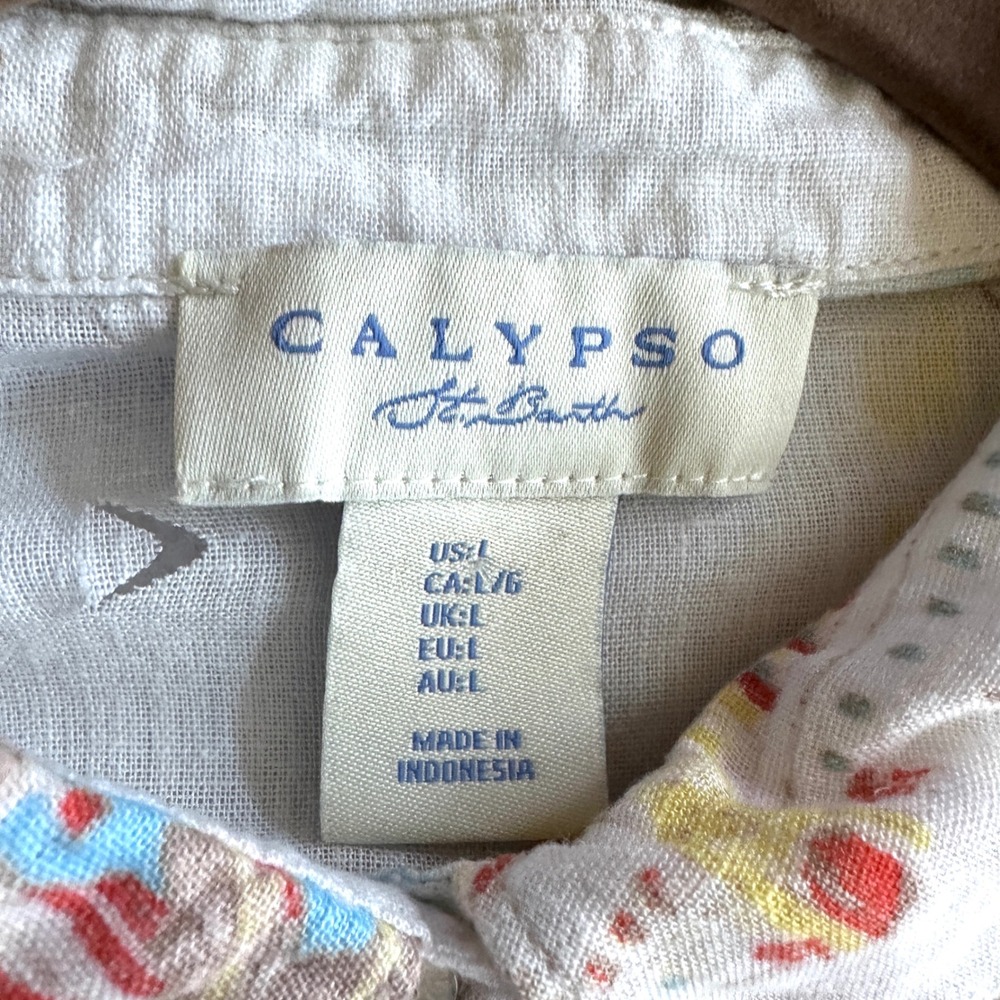 Calypso St Barth L Linen Postcard Print Shirt Dress Monaco Menton Nice Roll Tab - Picture 4 of 16